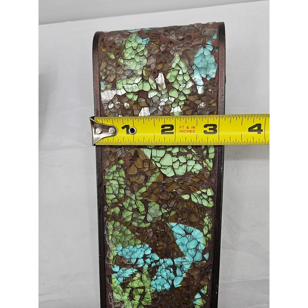 Mosaic Glass Leaf Wall Sconce Pair Bronze Metal Teal Green Votive Candle Holder